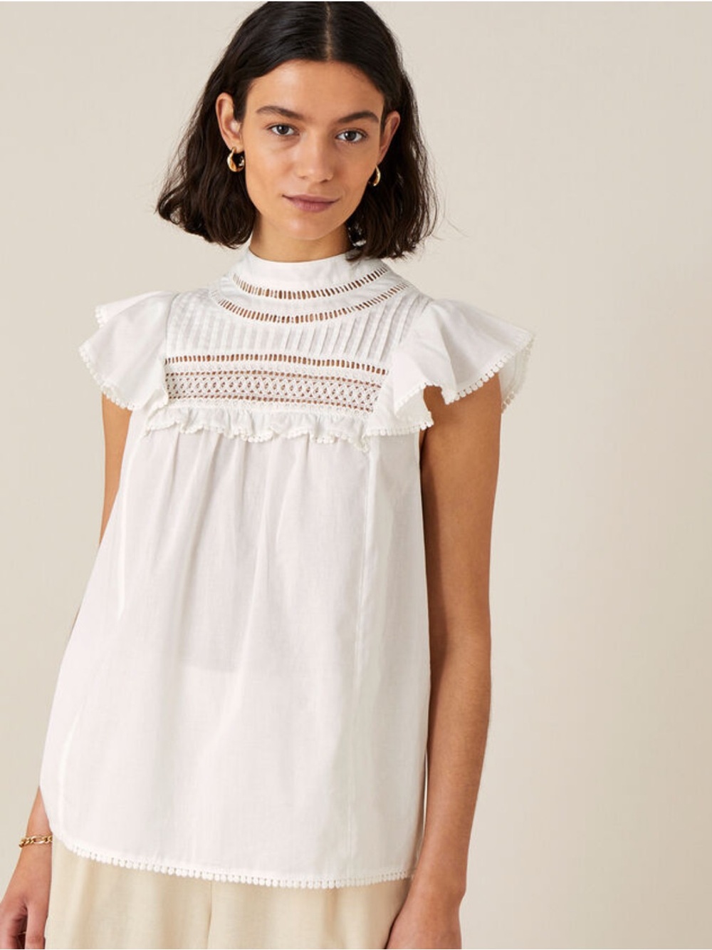 J. Crew White Lace Yoke Flutter Sleeve Top
